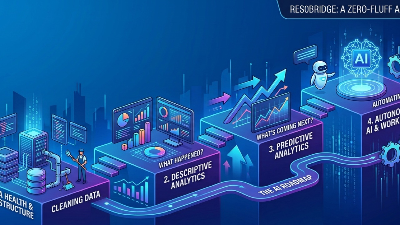 The AI roadmap as a staircase: data health, descriptive analytics, predictive analytics, then AI and workflows